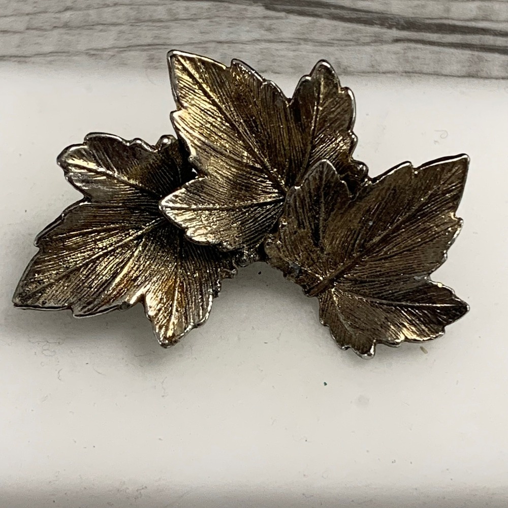Vintage Silver Tone Triple Maple Leaf Brooch Textured Botanical Fall Pin